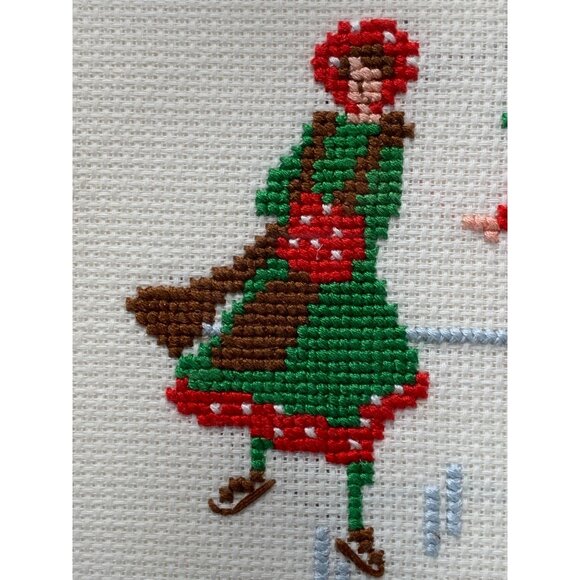 Vintage Framed Cross-Stitch Victorian Ice Skating Scene Signed KAB 1991 - Picture 2 of 9